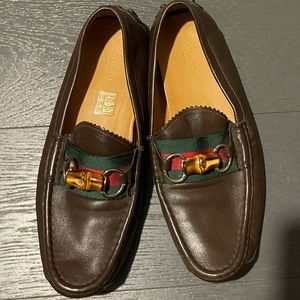Gucci Brown Leather Bamboo Slip On Loafers